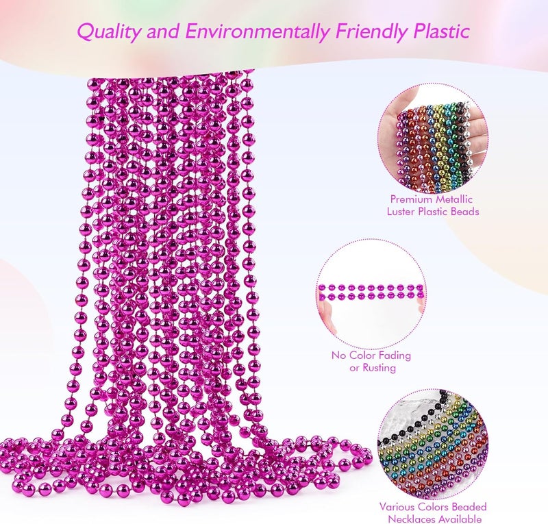 ZZYFGH 12 Pcs Hot Pink Beads Necklace, 33" 7mm Breast Cancer Bead Necklaces, Mardi Gras Beads Necklace, Breast Cancer Awareness Accessories Bead Necklaces Bulk for Wedding Birthday Gender Reveal Party Events Supplies - Image 3